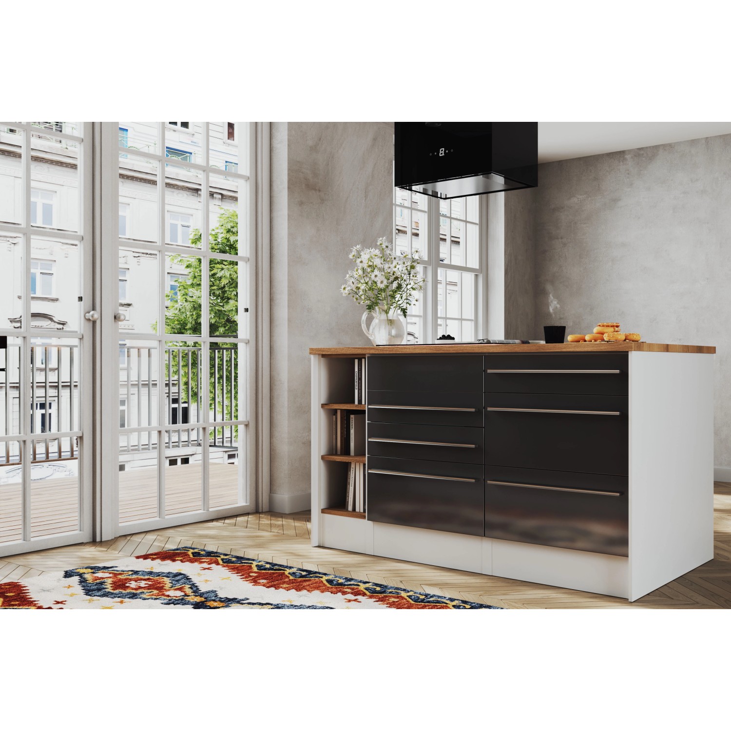 Respekta Inselküche Gabriel, 290 cm, Grau Hochglanz mit Kochinsel und Elektrogeräten.