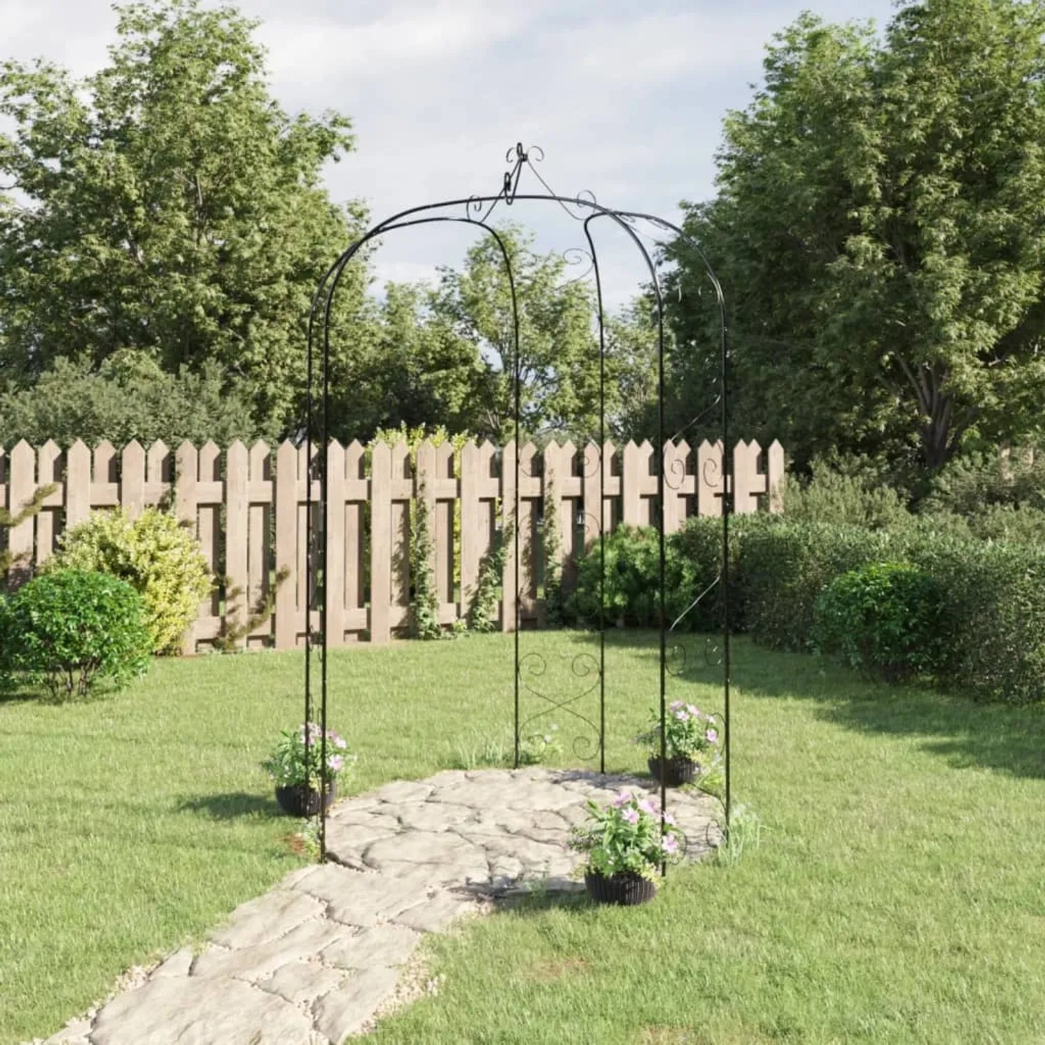 Schwarzer vidaXL Gartenbogen aus Stahl, Ø180x255 cm, ideal als Rankhilfe für Kletterpflanzen.