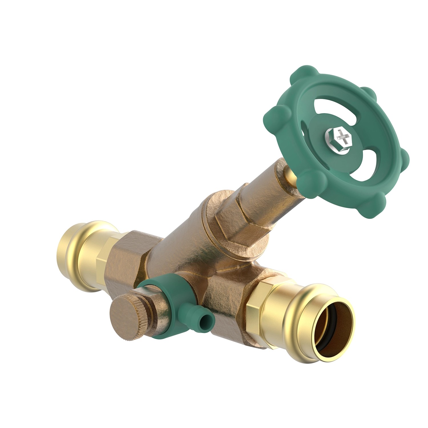 Kirchhoff Schrägsitzventil 22 mm mit Entleerung für Pressfittings, Messing mit grünem Griff.