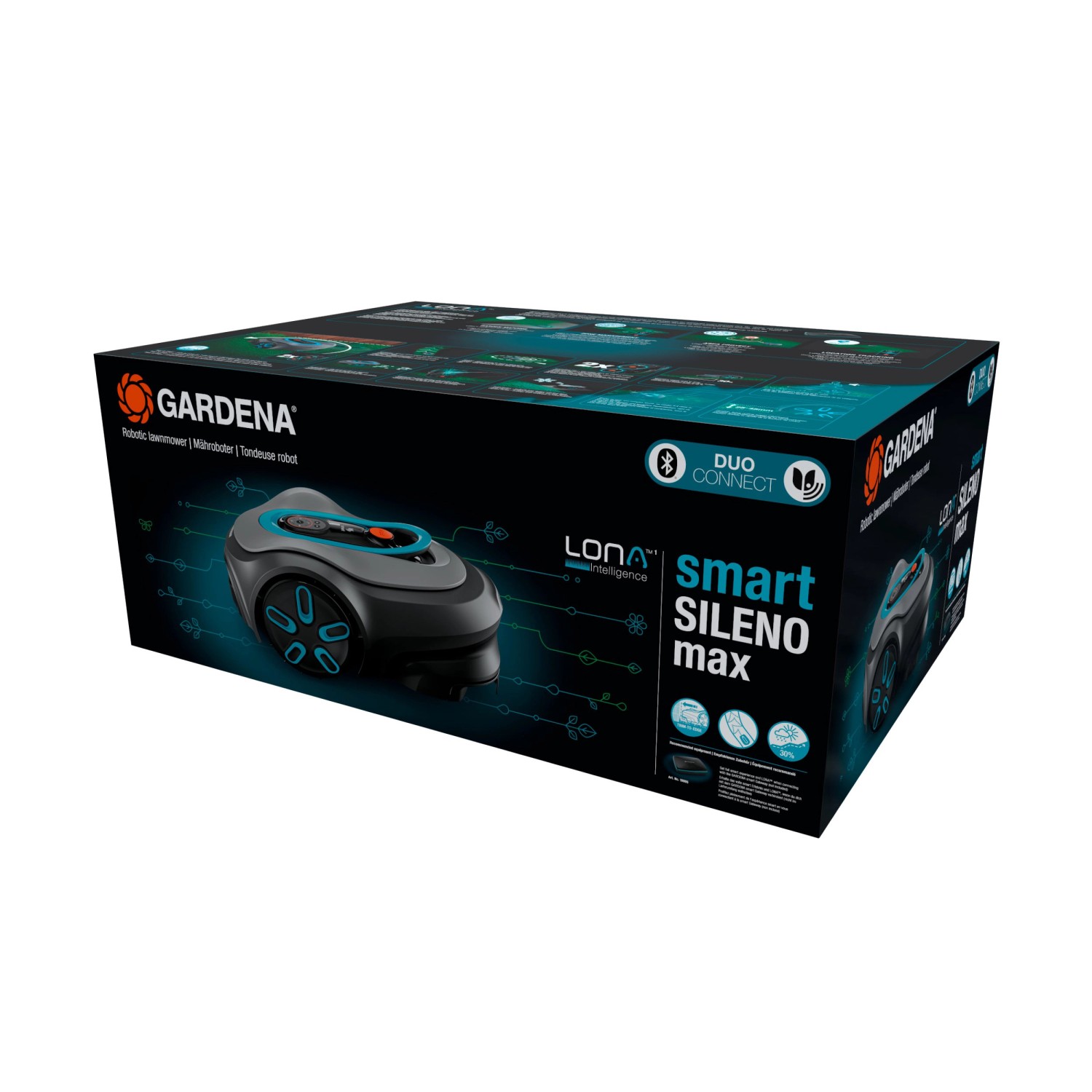 Verpackung des Gardena Mähroboter Smart Sileno Max 1.200 m² mit Begrenzungskabel