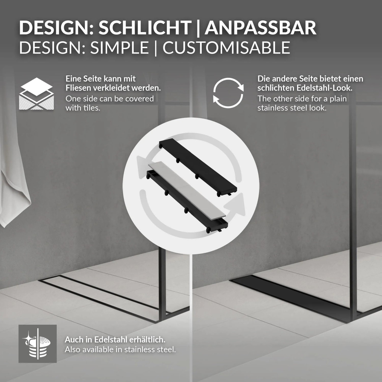 LuxeBath Duschrinne 100cm, 2in1 befliesbar, extra flach, schwarz. Doppelseitige Duschrinne für barrierefreies Bad.