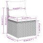 Detailansicht Gartenmöbel: Beige Rattan Sofa mit Kissen, Maße eingezeichnet.