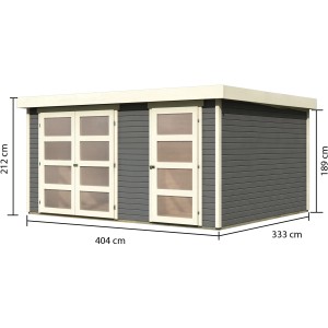 Karibu Gartenhaus Mühlentrup 3 in Terragrau, 404x332,5 cm, mit Doppeltür und Einzeltür. Holz-Gartenhaus.