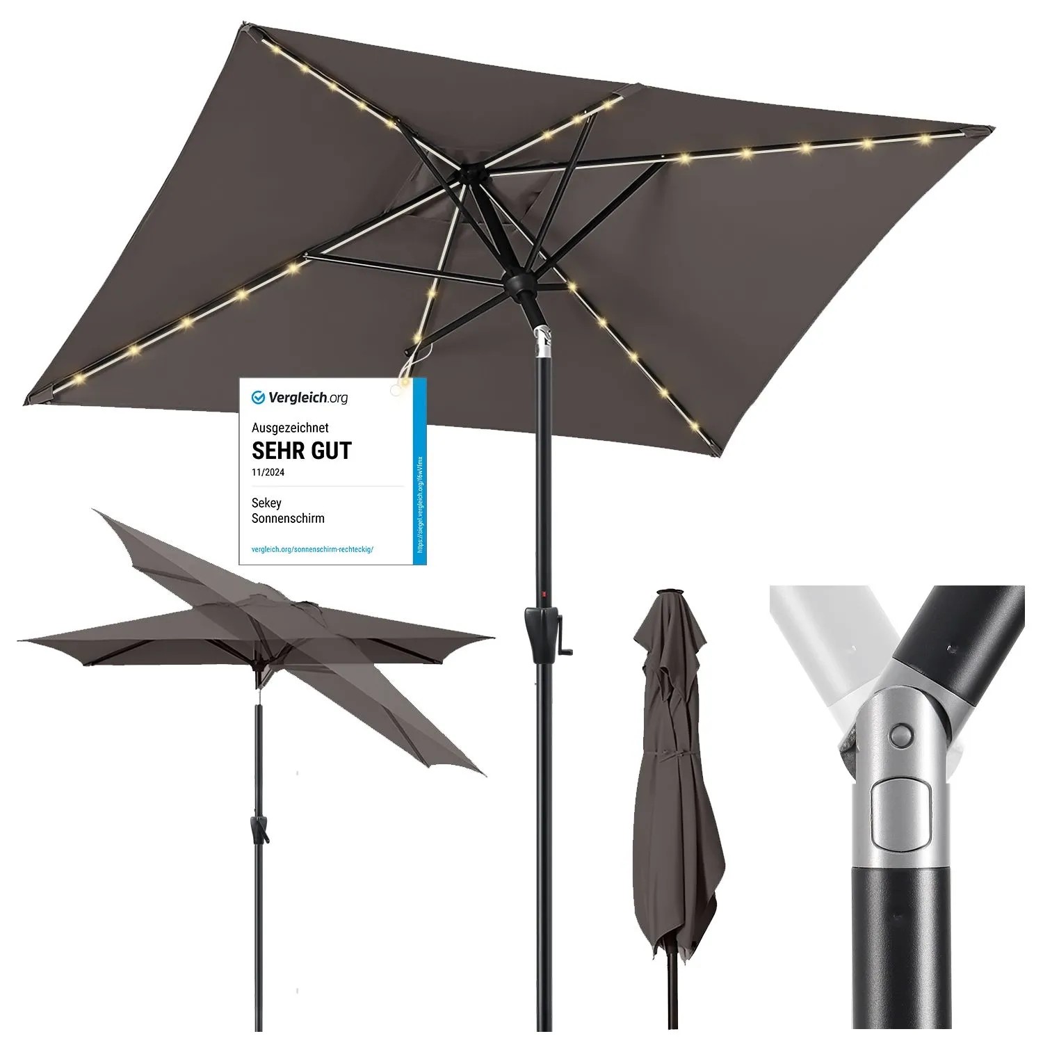Sekey Sonnenschirm 300 x 200 cm Rechteckig Gartenschirm mit LED Solar Beleuchtung