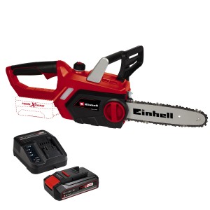 Einhell Akku-Kettensäge GC-KS 18 Li Kit mit Akku, Ladegerät, rotem Gehäuse und schwarzem Griff.