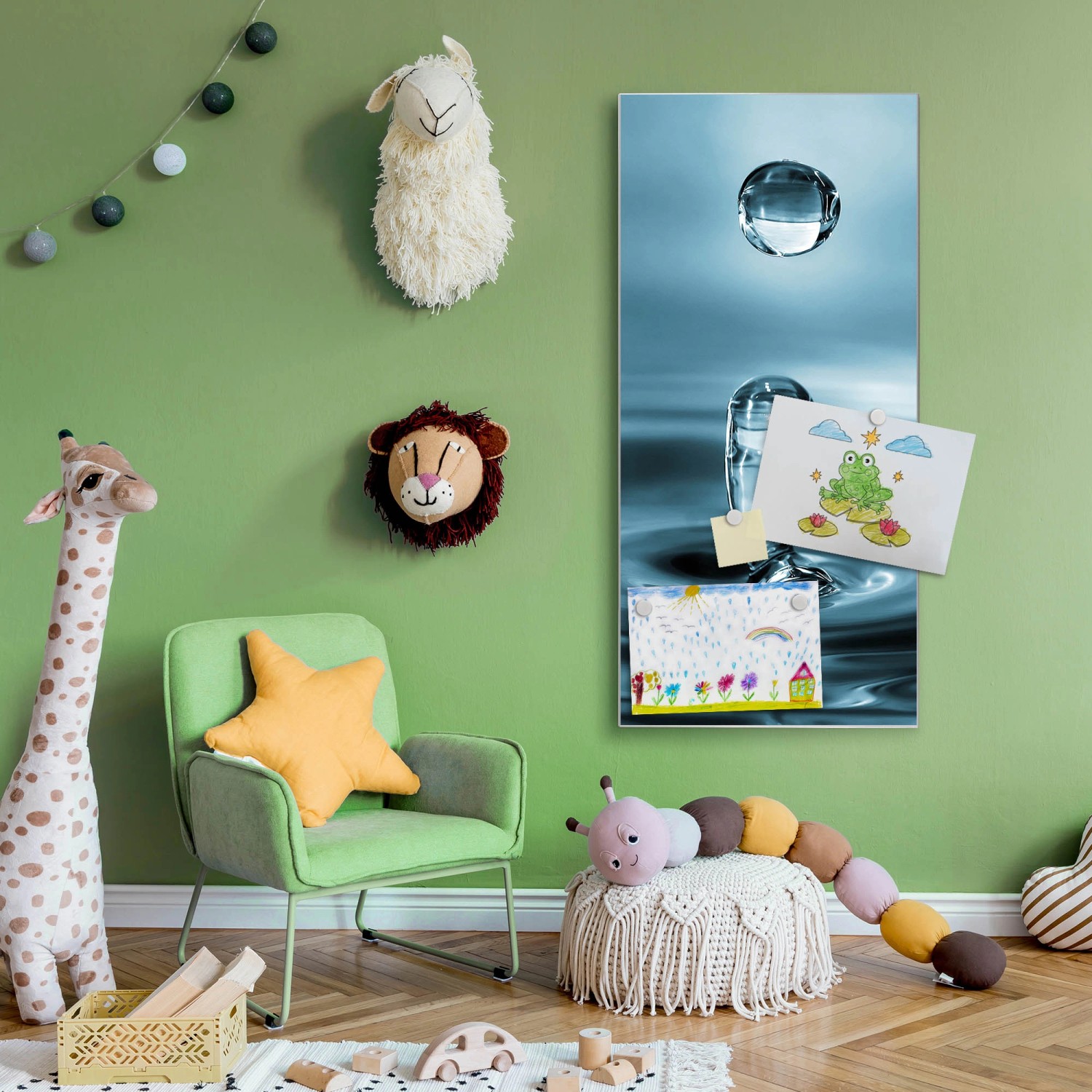 Banjado Magnettafel 37x78cm mit Wassertropfen-Motiv, inklusive Magnete. Dekorative Magnetwand für Notizen und Fotos.