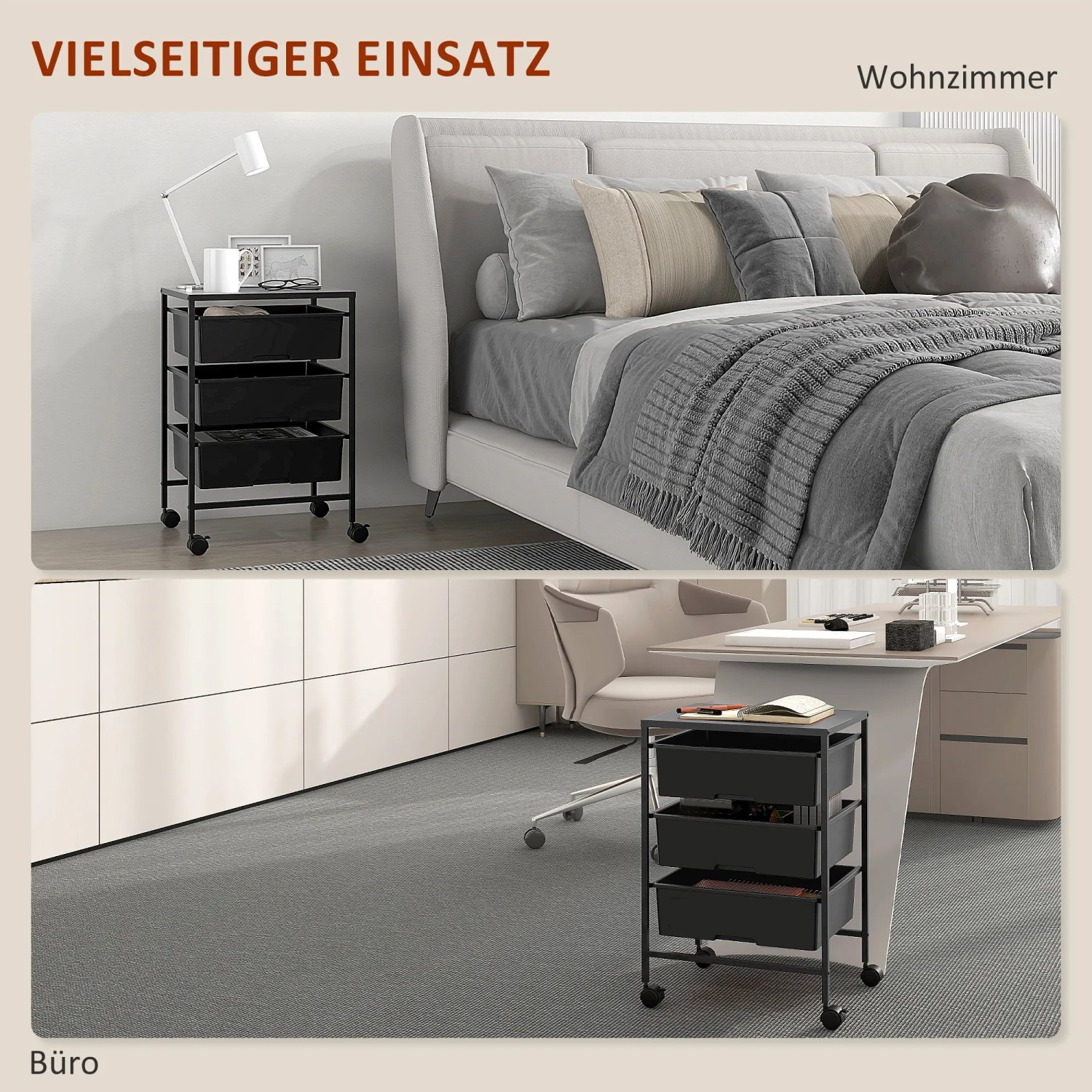 Schwarzer HOMCOM Rollwagen aus Stahl und Kunststoff mit 3 Ablagen für Büro oder Wohnraum.