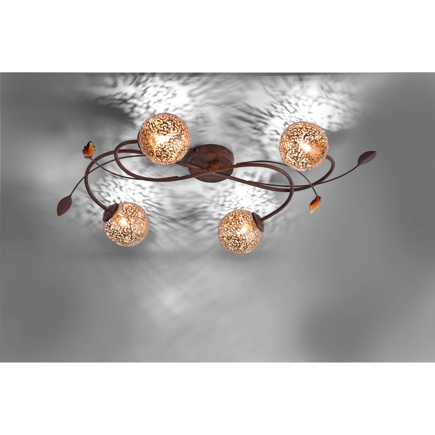 Paul Neuhaus Deckenleuchte Greta, 4-flammig, rostfarben mit goldenen Leuchtkugeln.