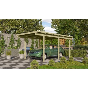 Karibu Einzelcarport Eco mit grünem Auto. Holzcarport mit Flachdach für 1 PKW.