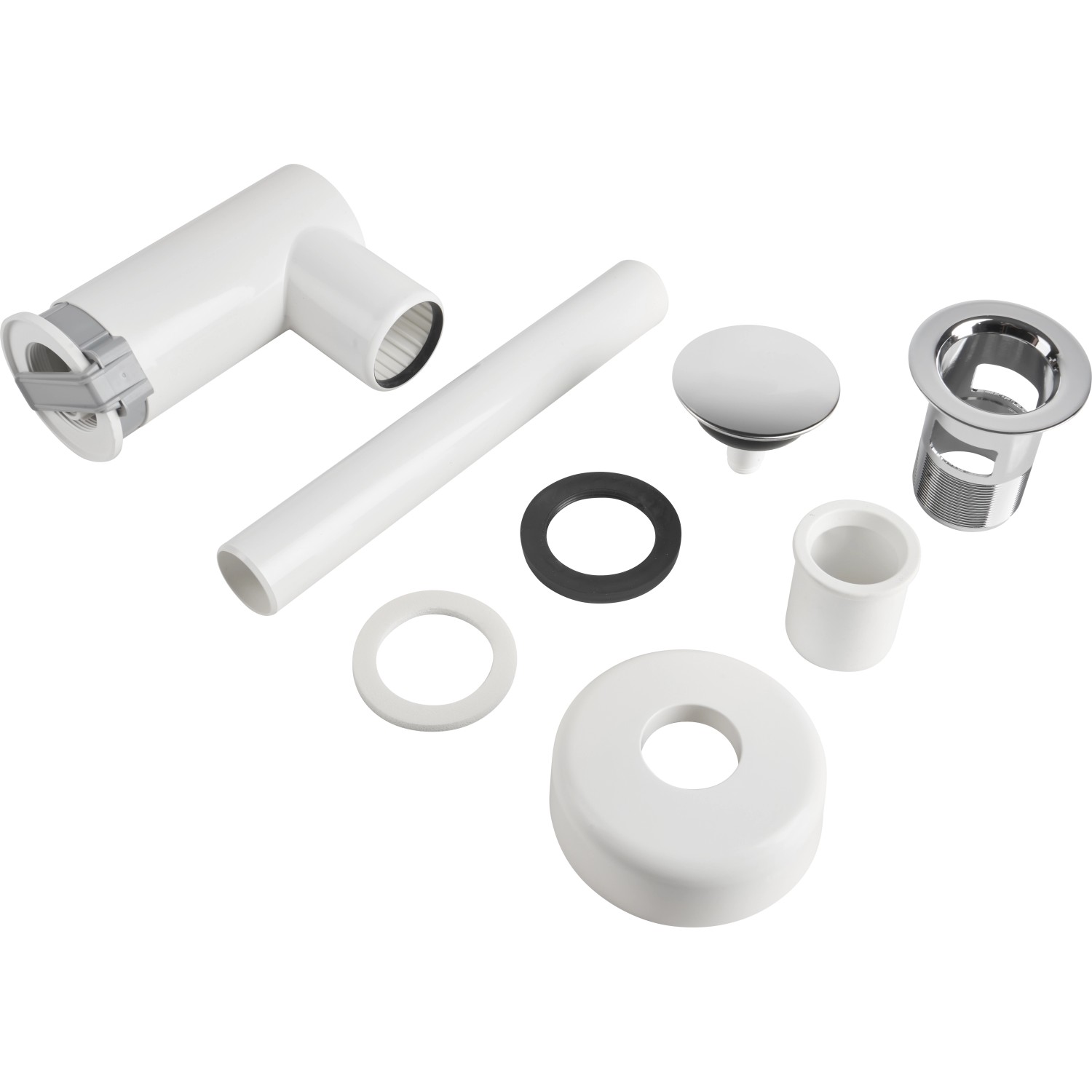 Prevex EasyClean Siphon mit Pop-Up Ventil (Chrom), Einzelteile im Überblick.