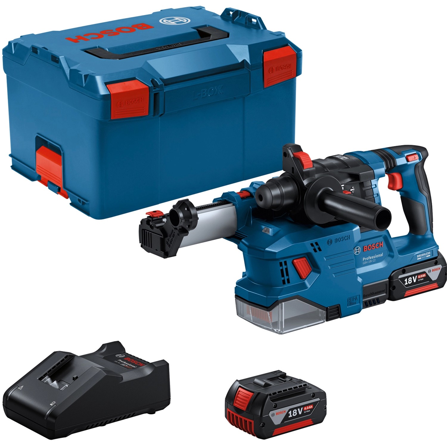 Bosch Professional Akku-Bohrhammer GBH 18V-22 + GDE 18V-12 m. Akkus in L-Boxx