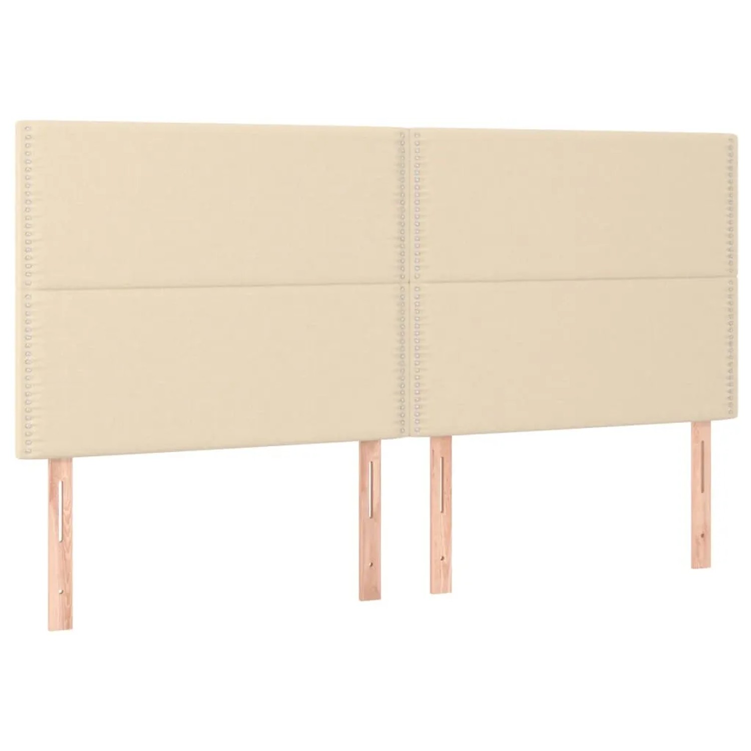 Cremefarbenes Boxspringbett-Kopfteil aus Stoff, 180x200 cm, mit Holzfüßen.