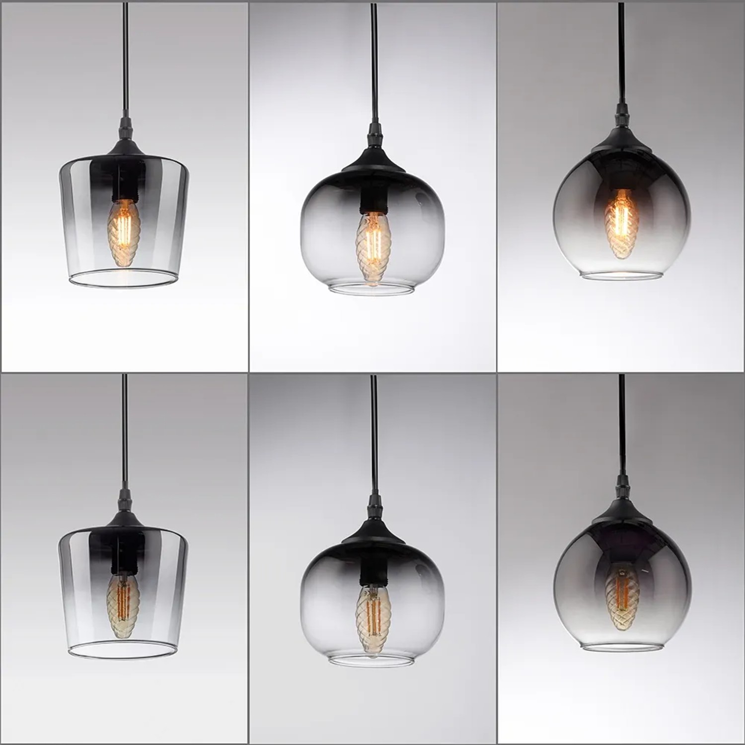 Just Light Pendelleuchte Zea, 6-flammig, schwarz mit Rauchglas in drei Formen.