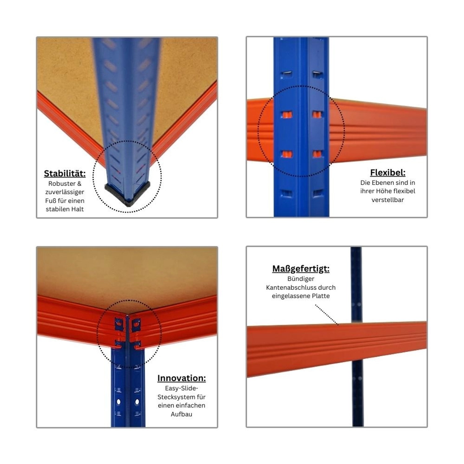 Detailansichten des blauen/orangen PROREGAL Schwerlastregals Giant Elephant mit MDF-Böden.