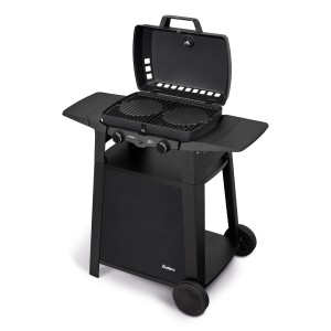 Schwarzer Enders Urban II Gasgrill mit Trolley, zwei Brennern, Seitenablagen und geöffnetem Deckel.