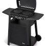Schwarzer Enders Urban II Gasgrill mit Trolley, zwei Brennern, Seitenablagen und geöffnetem Deckel.