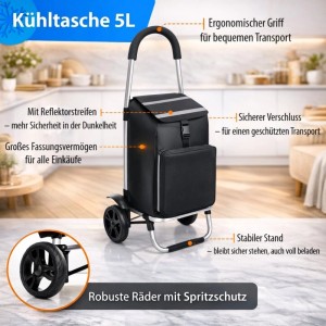 BigDean Einkaufstrolley Klappbar 56L Mit Separatem Kühlfach 5L Wasserdicht