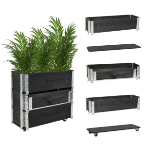 Schwarzes TRUTZHOLM Hochbeet auf Rollen, 80x30x68 cm, mit Pflanze und Einzelteilen.
