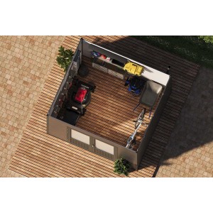 Finnhaus Wolff WPC Gerätehaus Terra 3030, anthrazit/hellgrau, mit Gartengeräten von oben.