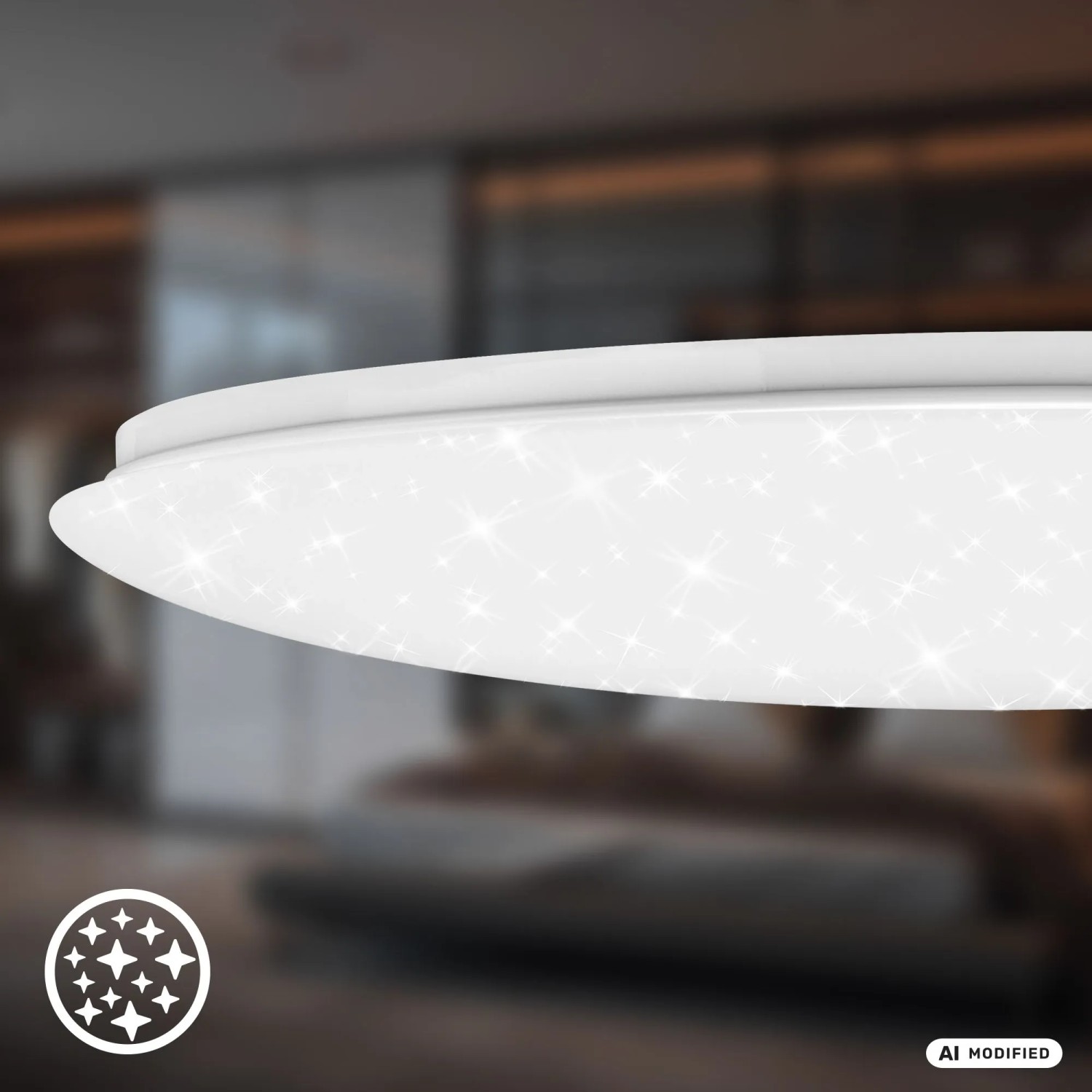 Weiße, runde Brilo LED-Deckenleuchte mit funkelndem Sternenhimmel-Effekt. Moderne Beleuchtung für Wohnräume.