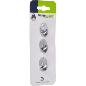 3er Set selbstklebende Garderobenhaken, Chrom glänzend, aus Kunststoff, max. 0,3 kg Tragkraft.