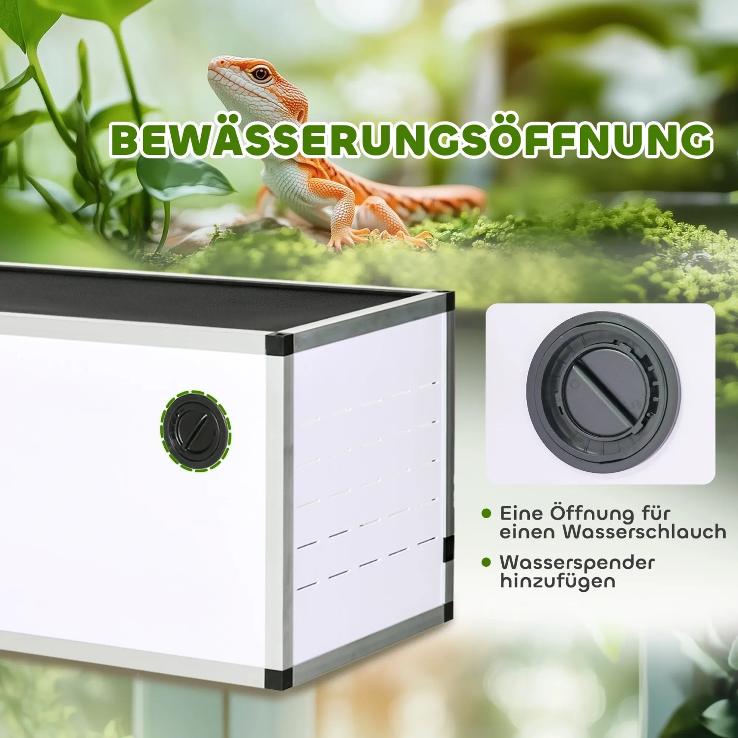 PawHut Terrarium 120x40x40cm mit Bewässerungsöffnung und Leguan im Hintergrund.