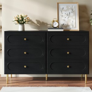Schwarzes Merax Sideboard mit 6 Schubladen, ovalen Fronten und goldenen Metallfüßen. Eleganter Wohnzimmerschrank.