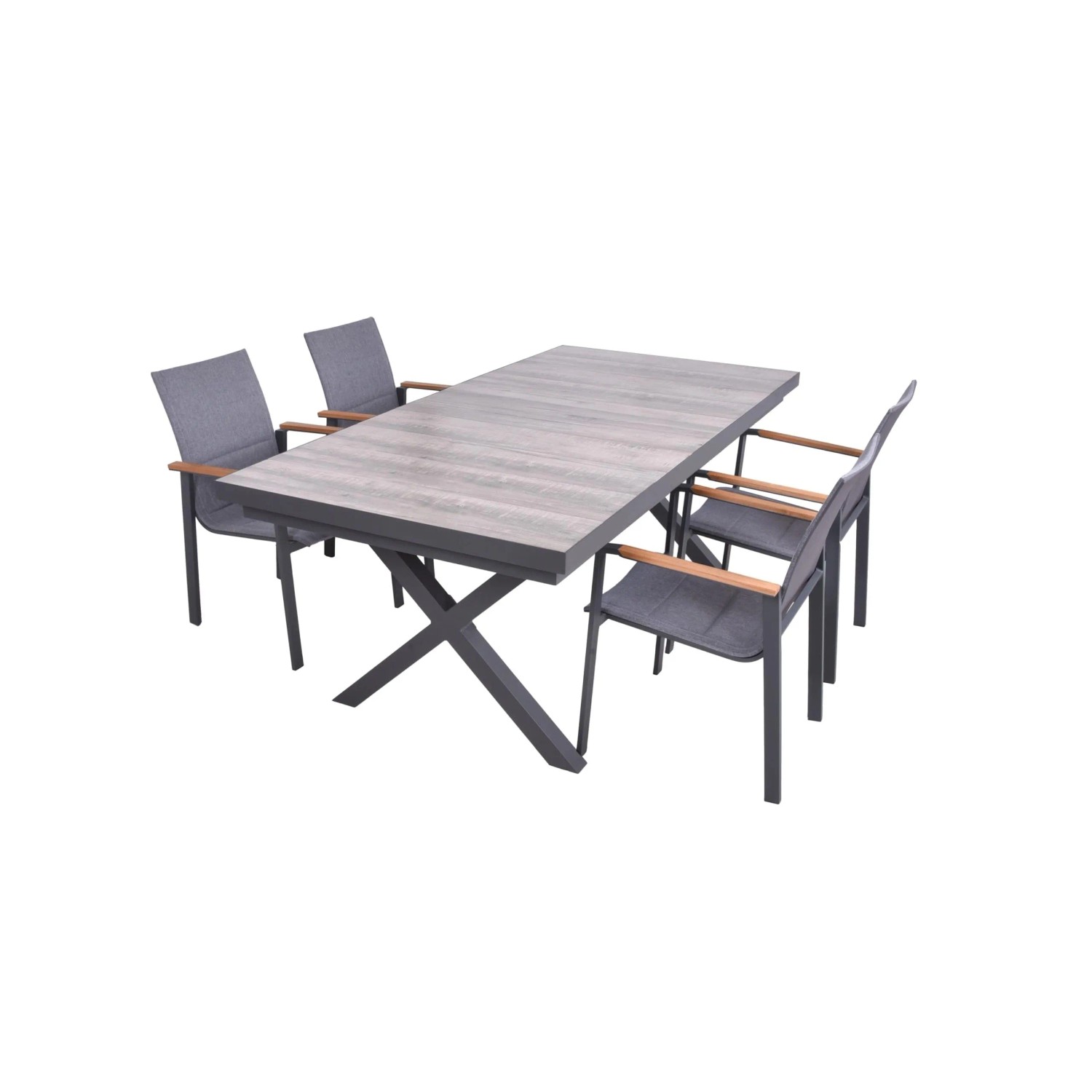 DELUKE Garten-Sitzgruppe JANA 5-tlg. Alu-Keramik Eiche-Optik Grau Gartenmöbel-Set Garten-Essgruppe Stapelstühle C Esstis...