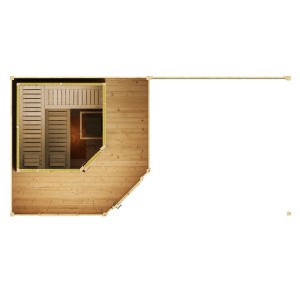 Draufsicht Weka Saunahaus Salo Sparset mit Anbau und Sichtschutzwand.
