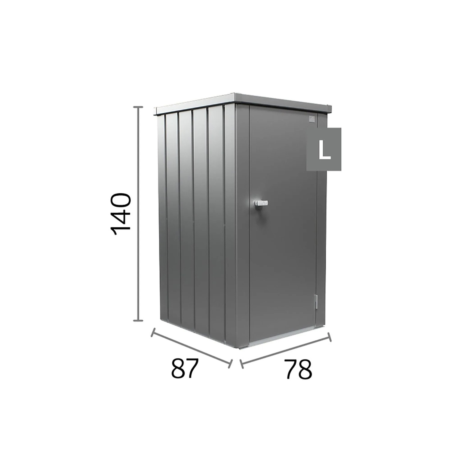 Biohort Terrassenschrank Julia Gr. L, Quarzgrau-Metallic, mit Maßangaben. Gartenschrank für Terrasse und Balkon.