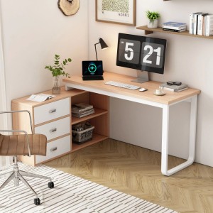 PXloue Bürotisch Schreibtisch 147 x 100 x 75 cm mit 3 Schubladen 2 Fächern Holzoptik Weiß