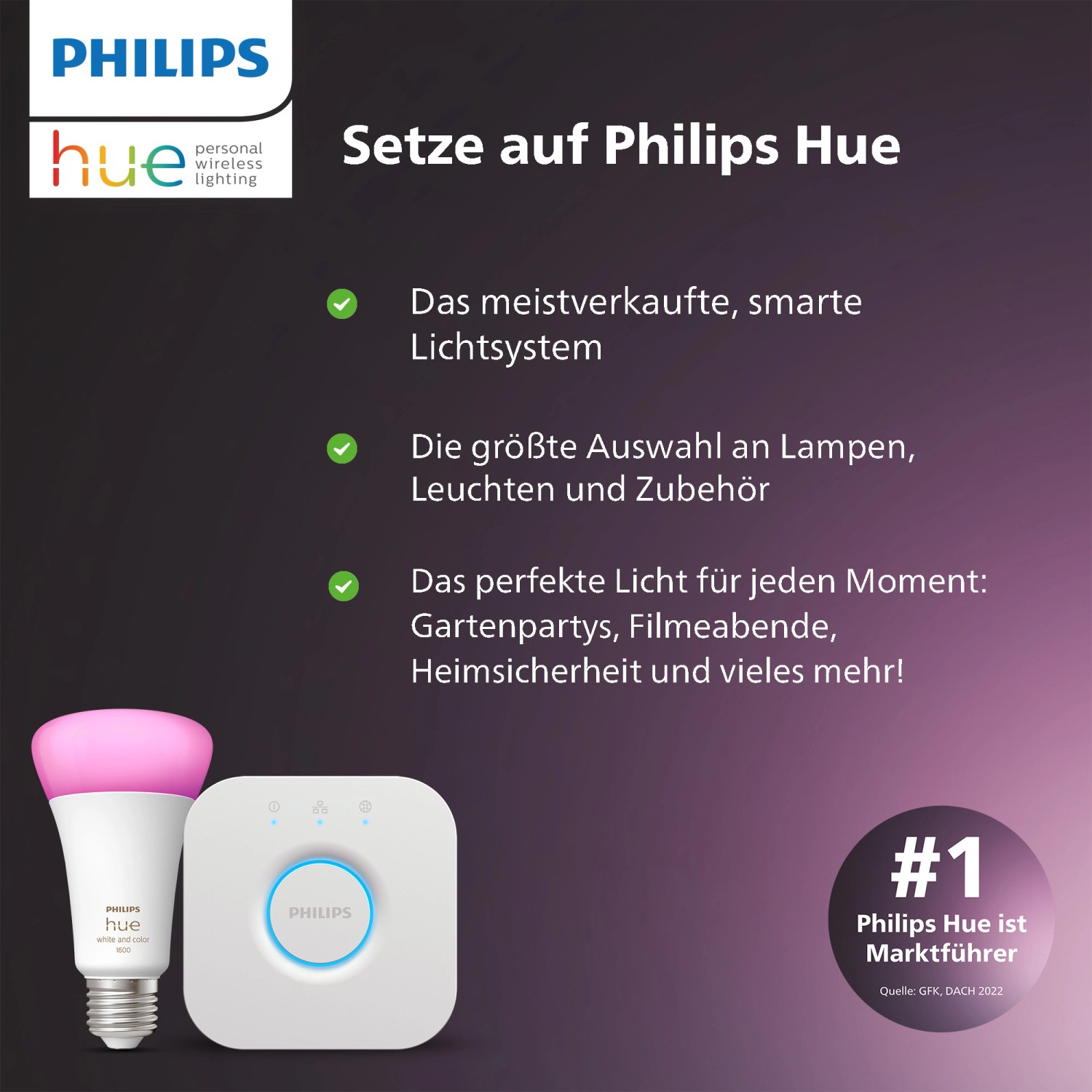 Philips Hue E27 Starter Set mit farbiger Glühbirne und Bridge für smarte Beleuchtung.