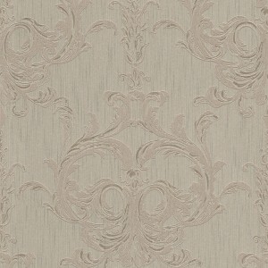 Barock Textiltapete in Grau-Braun mit Rokoko Ornamenten in Beige. Elegante Vliestapete für Wohn- und Esszimmer.