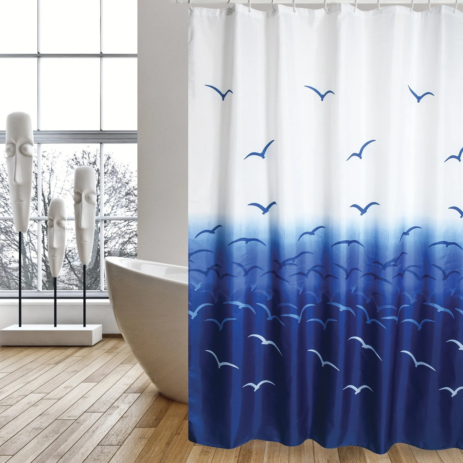 MSV Duschvorhang Möwen, 180x200 cm, blau-weiß, mit Möwenmuster für Badezimmer.