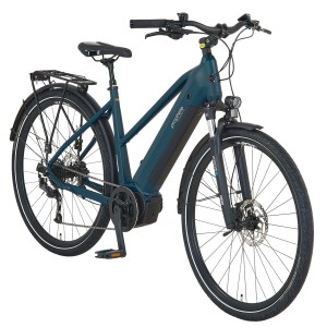 Perlnachtblaues Prophete Trekking E-Bike Entdecker 3.0 Damen mit Trapezrahmen und Gepäckträger.