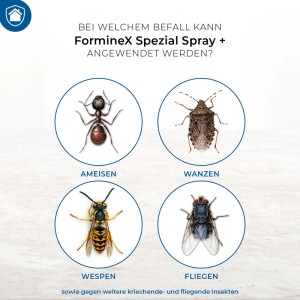 Forminex Spezialspray: Anwendungsbereiche gegen Ungeziefer wie Ameisen, Wanzen, Wespen und Fliegen.
