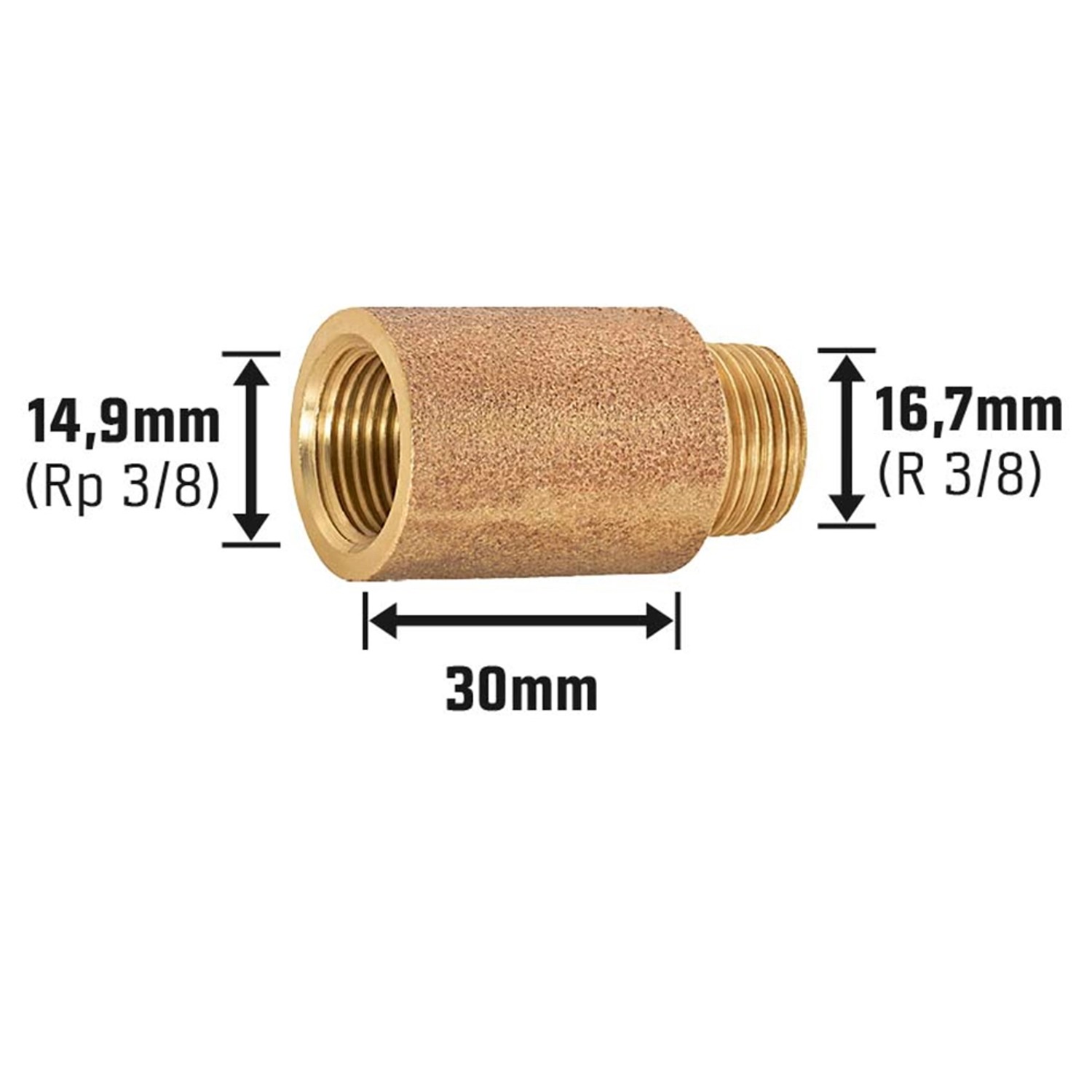 Hahnverlängerung aus Rotguss, 14,9 mm x 16,7 mm, 30 mm Länge für Gewindefittings.