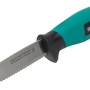 Wolfcraft Outdoormesser mit gezahnter Klinge und grünem Griff.