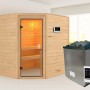 Karibu Sauna Elea Set: Massivholzsauna mit Ofen, Steuerung und Eckeinstieg. Naturbelassenes Fichtenholz.