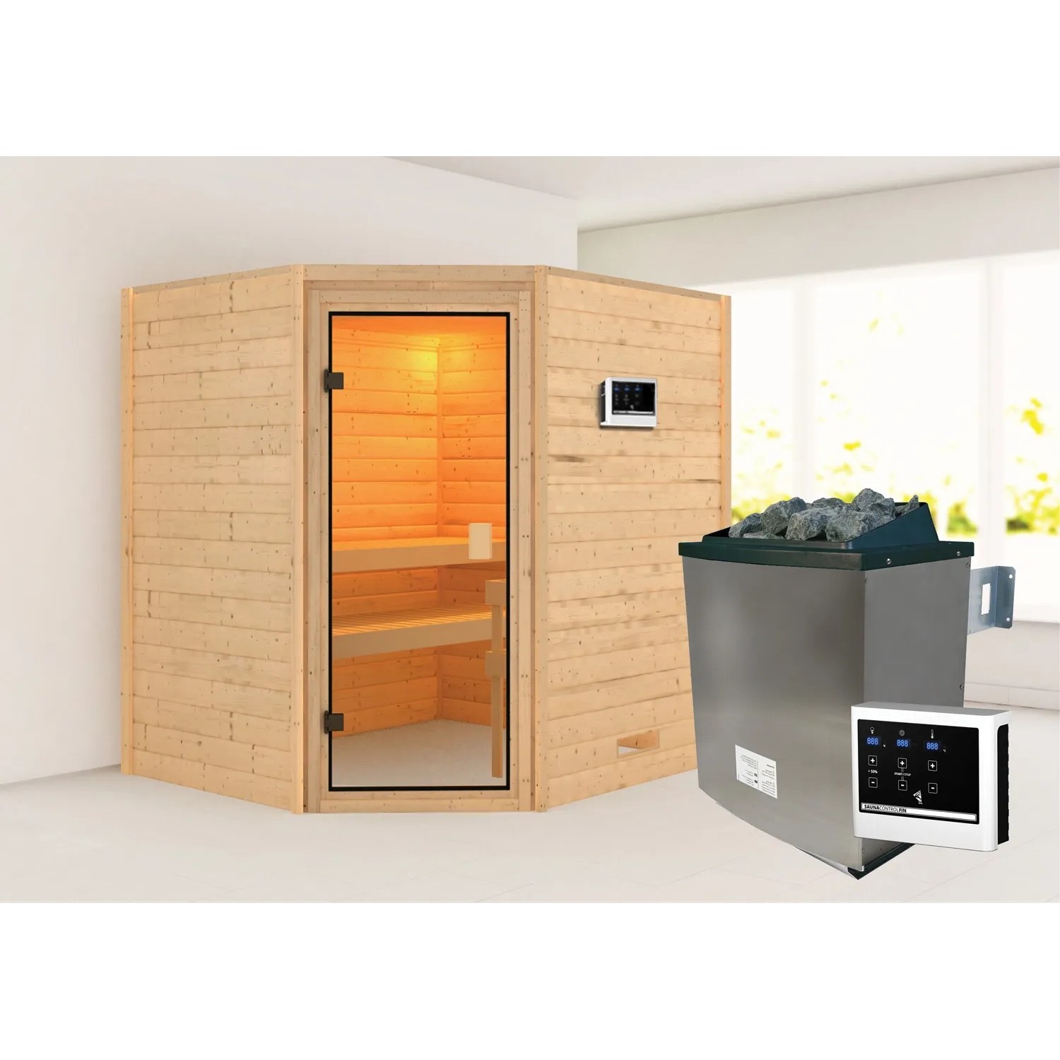 Karibu Sauna Elea Set: Massivholzsauna mit Ofen, Steuerung und Eckeinstieg. Naturbelassenes Fichtenholz.