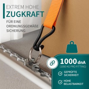 TRAILERKRAFT Airlineschienen Fitting aus Metall mit orangefarbenem Zurrgurt sichert Ladung. 1000 daN Tragkraft für Anhänger.