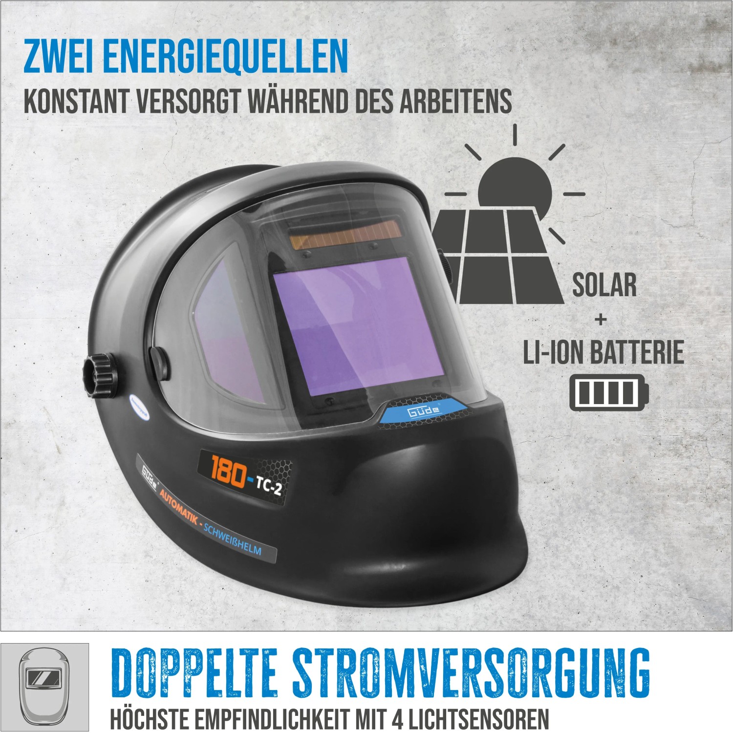 Güde Automatik Schweißhelm GSH 180-TC-2: Kopfschutz mit Solar und Batterie für optimalen Komfort beim Schweißen.