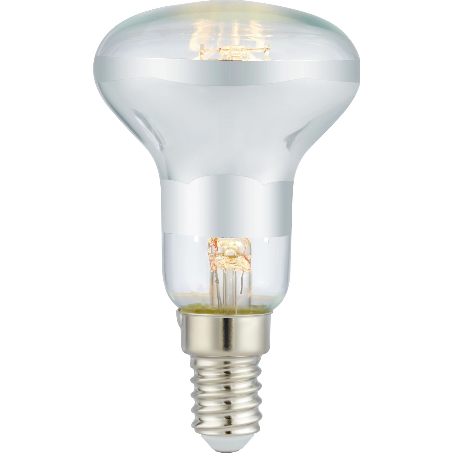 E14 LED Reflektor Leuchtmittel R50, 2.700 K warmweiß. Klares Glas mit silbernem Reflektor, 2,6 W.