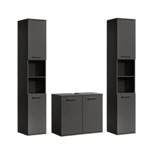 mokebo Badmöbel Set 'Der Steuermann' 3-teilig in Anthrazit: Waschbeckenunterschrank und zwei Hochschränke.