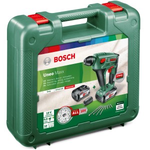 Bosch Uneo Maxx Bohrhammer im Koffer mit Akku und Zubehör.