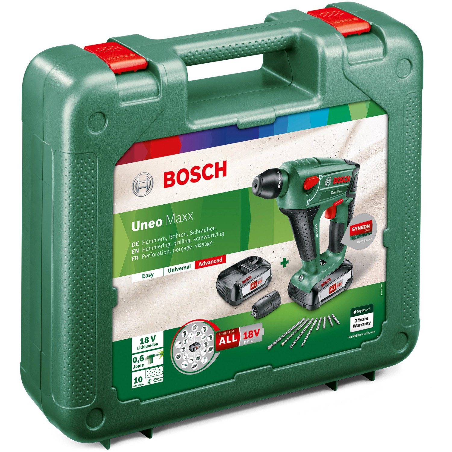Bosch Uneo Maxx Bohrhammer im Koffer mit Akku und Zubehör.