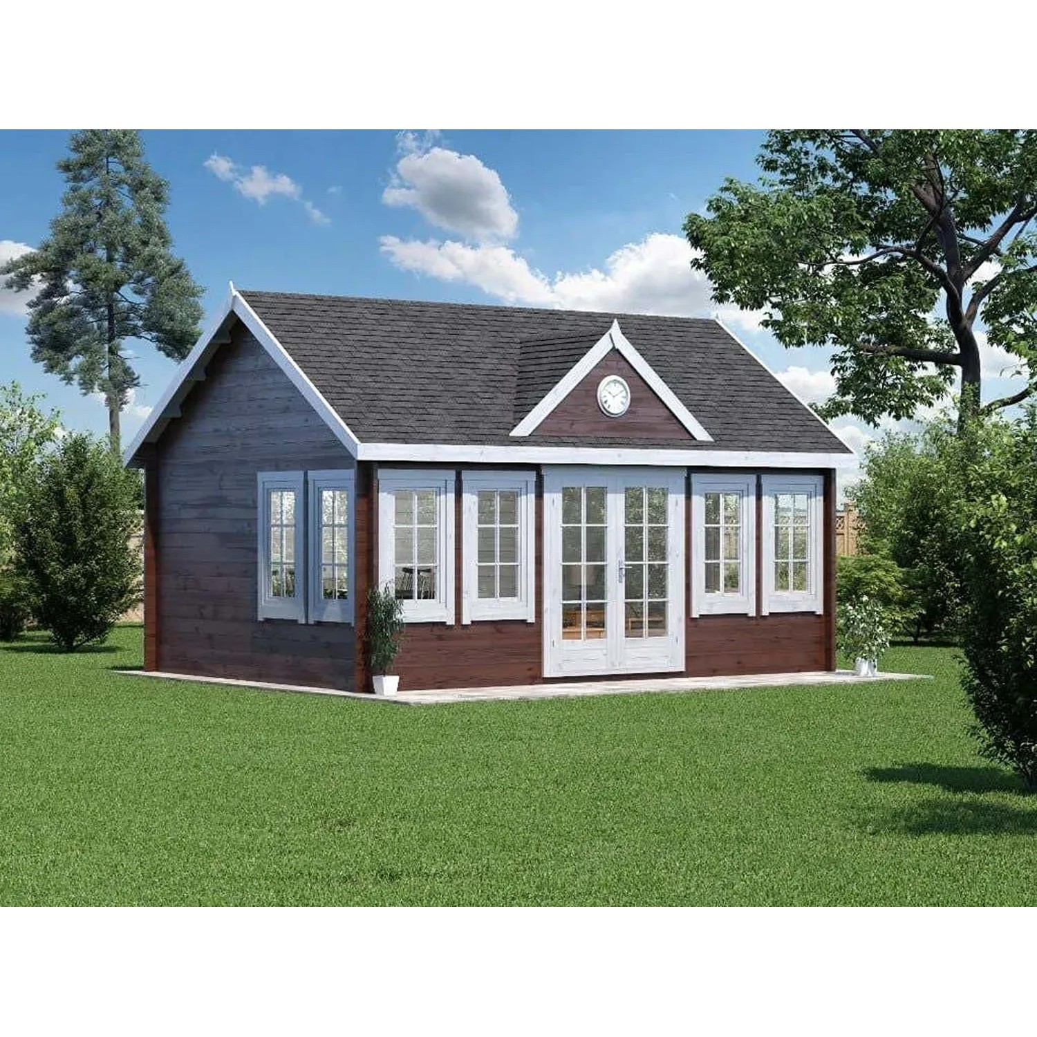 Unbehandeltes Alpholz Gartenhaus Clockhouse-XL mit Satteldach im Garten.