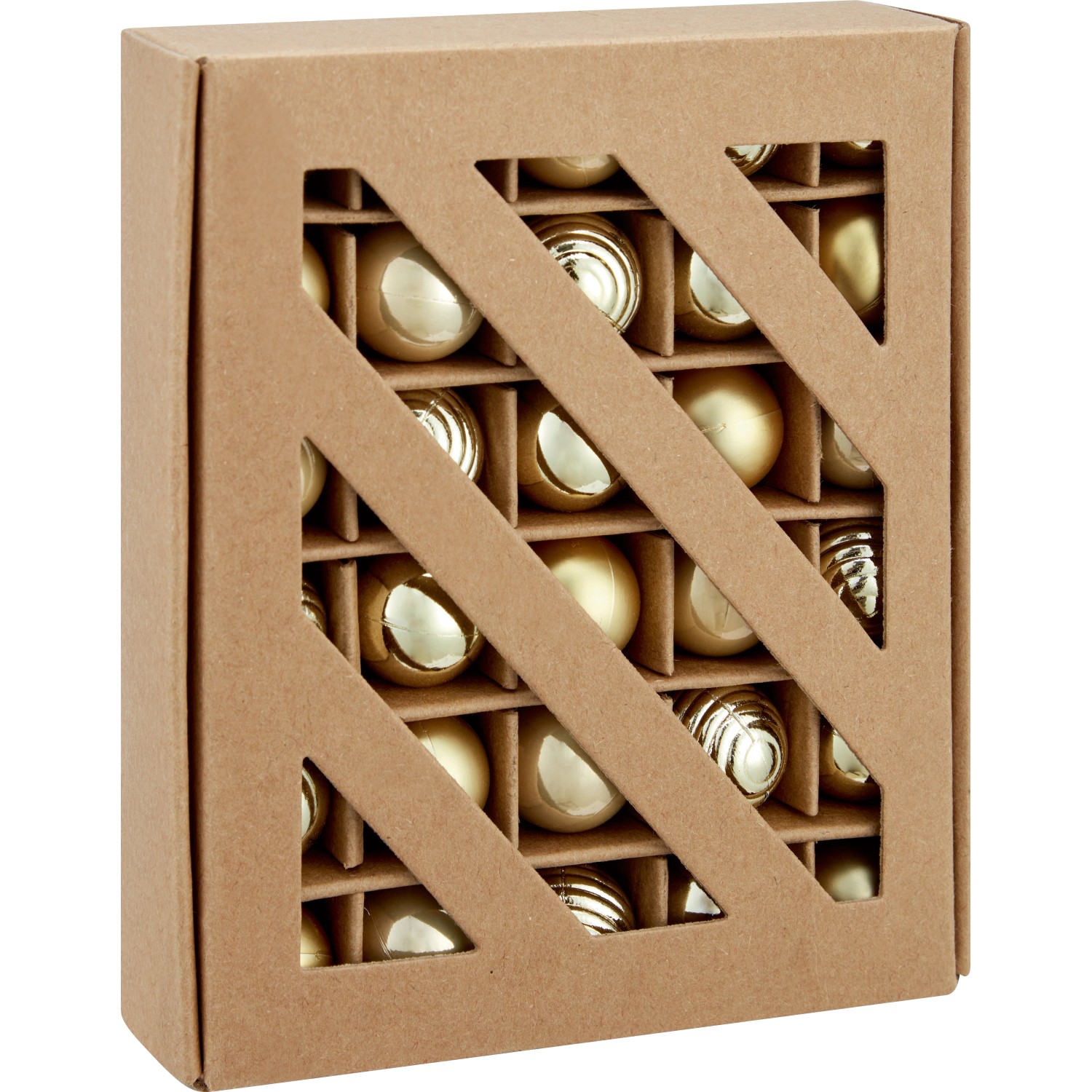 30 goldene Weihnachtskugeln (Ø 2cm) aus Kunststoff im Karton, verschiedene Designs.