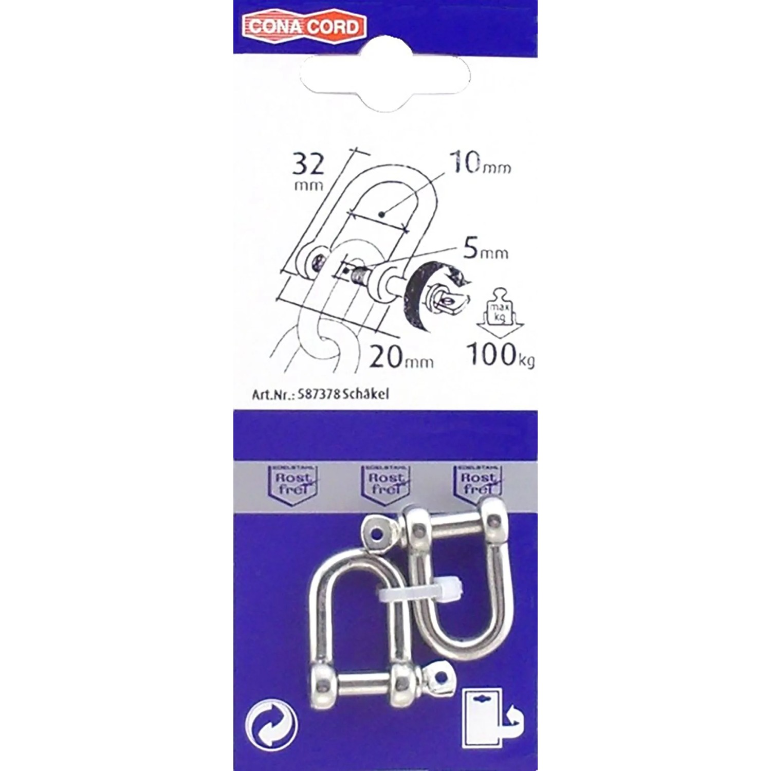 Conacord Schäkel, gerade, aus V4A-Stahl, 5 mm Durchmesser, 32 mm Länge.
