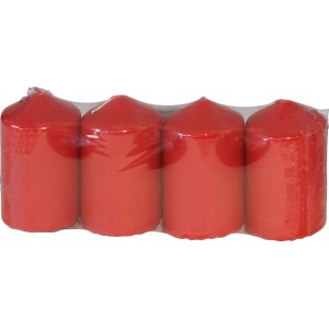 4er Pack rubinrote Stumpenkerzen, ideal für Adventskranz und festliche Deko.